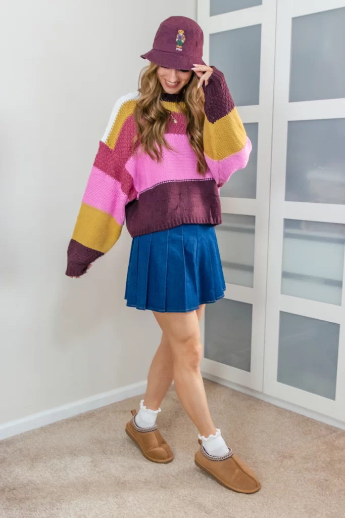 short skirt and sweater outfit women